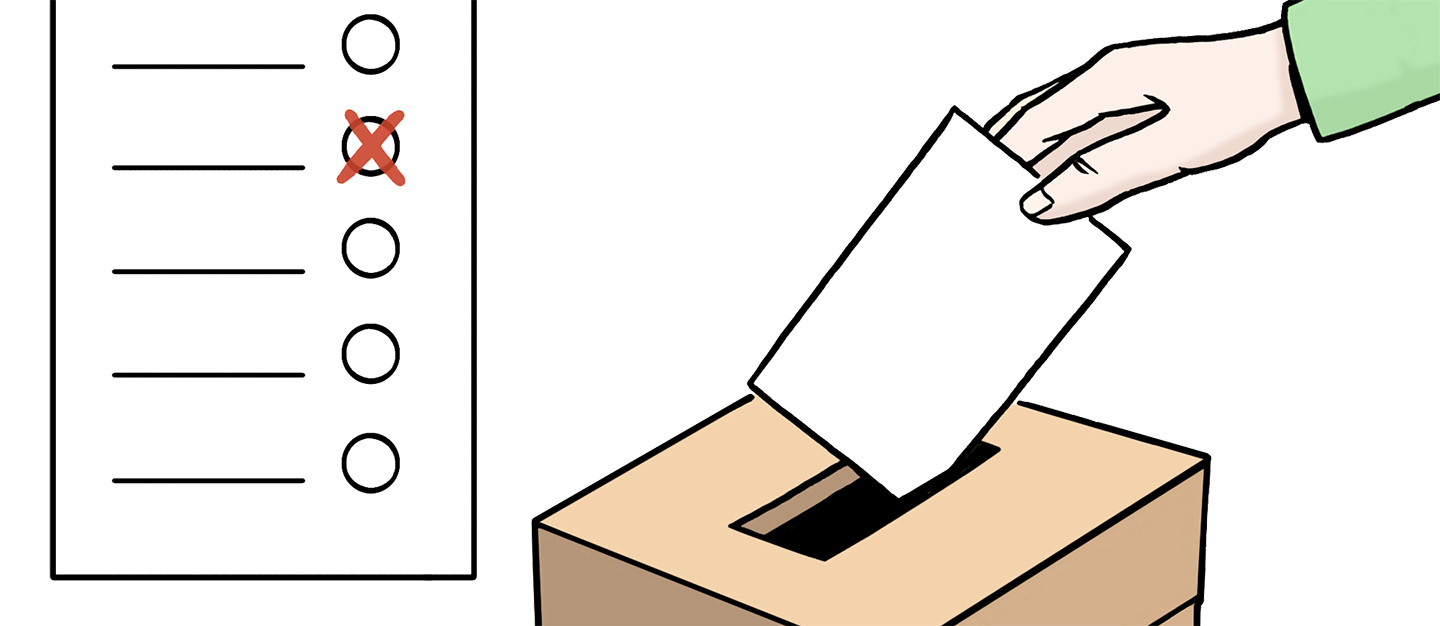 Grafik: Wahlurne mit Wahlschein, der gerade eingeworfen wird